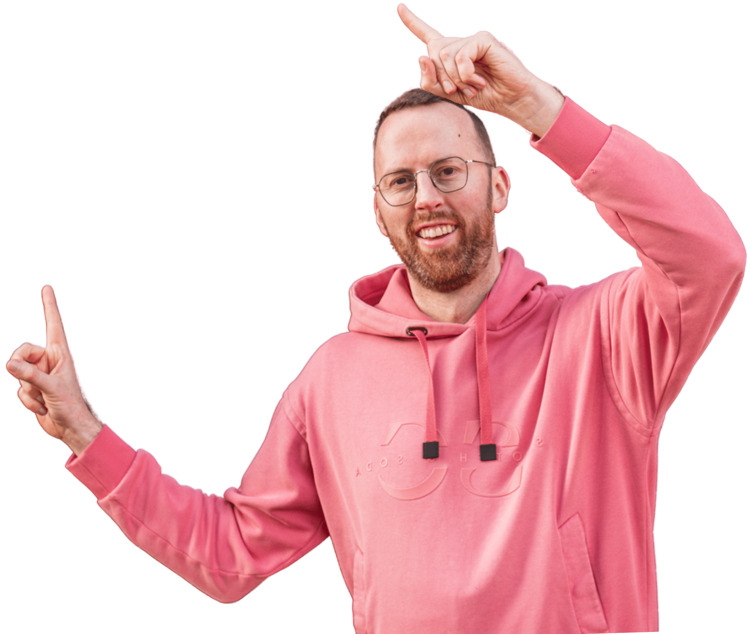 Stefaan De Vreese - CEO Titanify pointing in a pink hoodie